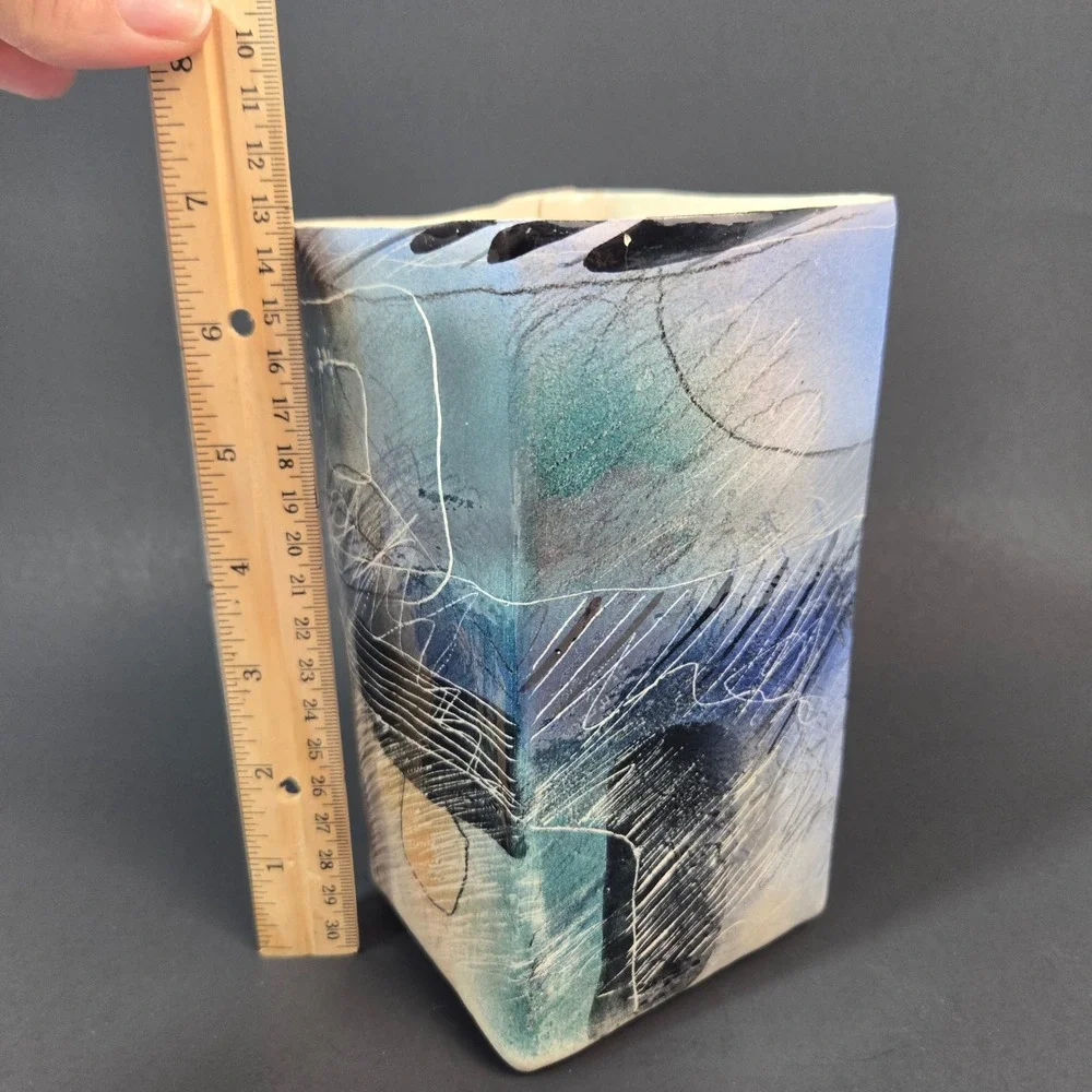 Abstract Studio Pottery Square Vase Signed Artisan Ceramic Slab Built Blue Teal